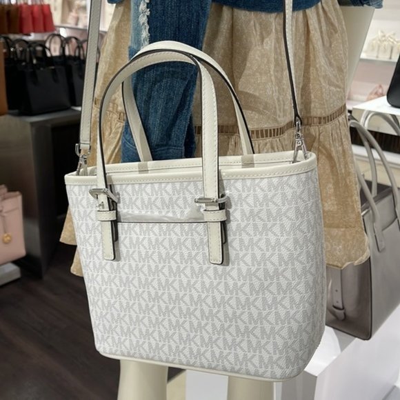 Michael Kors Jet Set Travel Extra-Small Logo Top-Zip Tote Bag Optic White Multi - Picture 16 of 16
